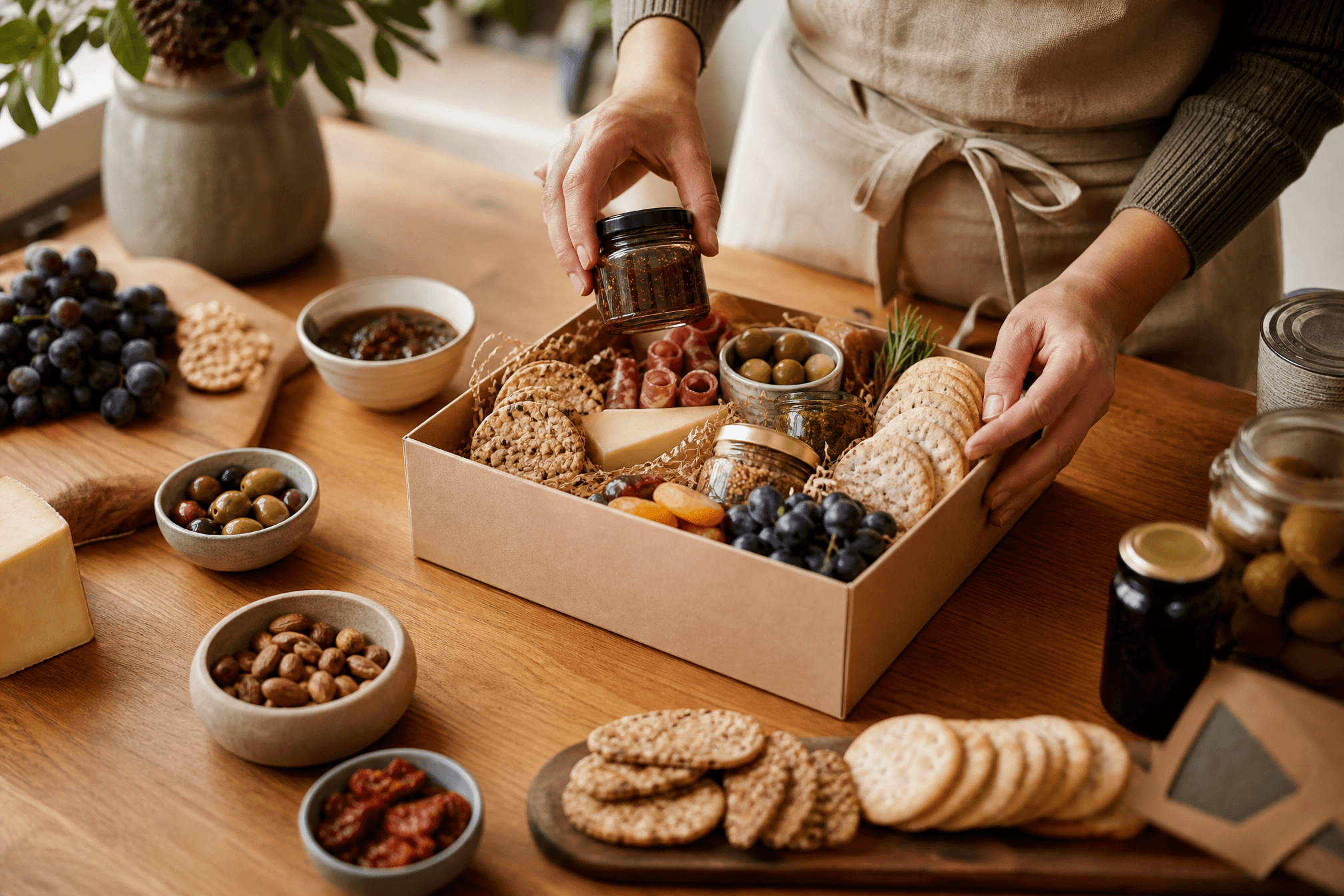 Hands arranging jars and crackers to build a gourmet box