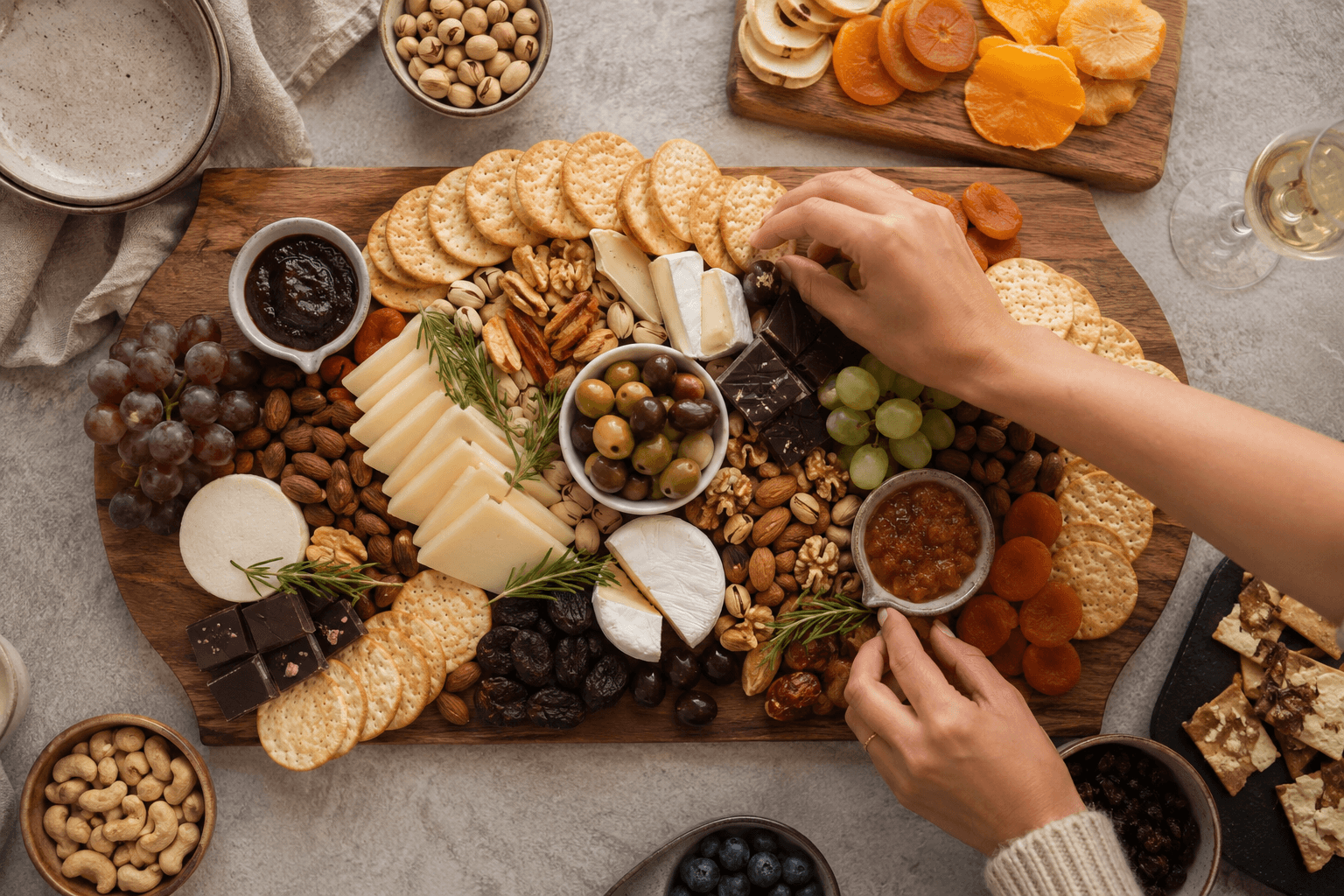 Crackers, nuts and chutney being arranged on a serving board