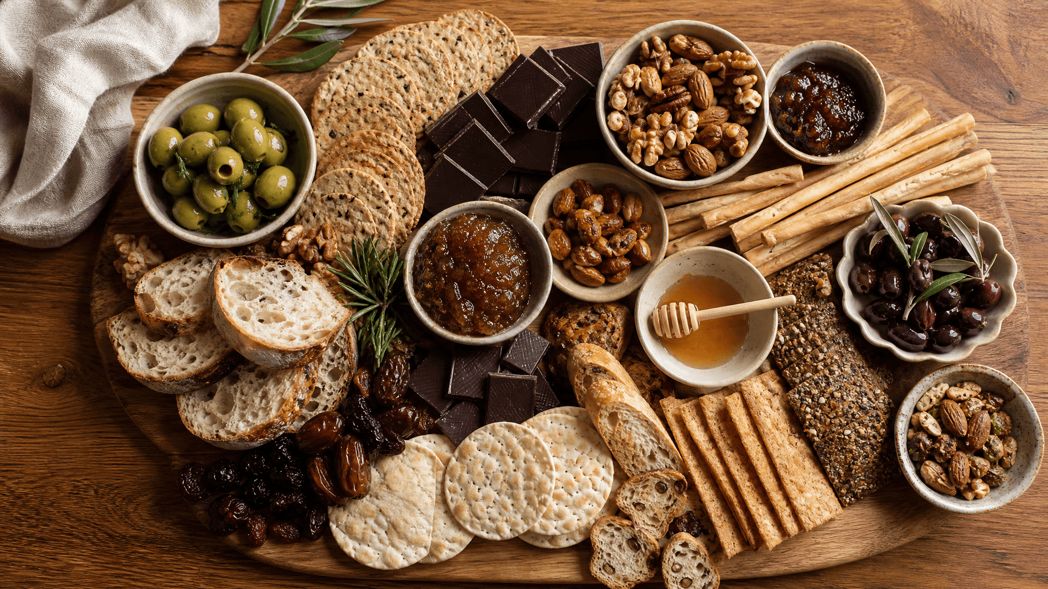 An abundant grazing board of crackers, nuts, chutney, olives and chocolate on an oak table