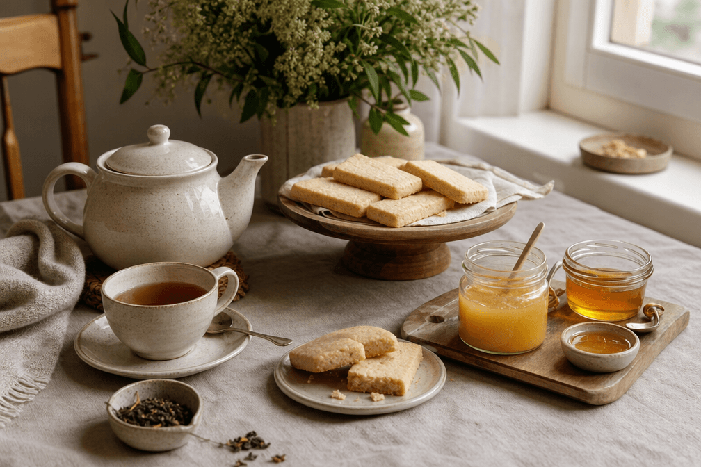 An afternoon tea table set with tea, shortbread and honey