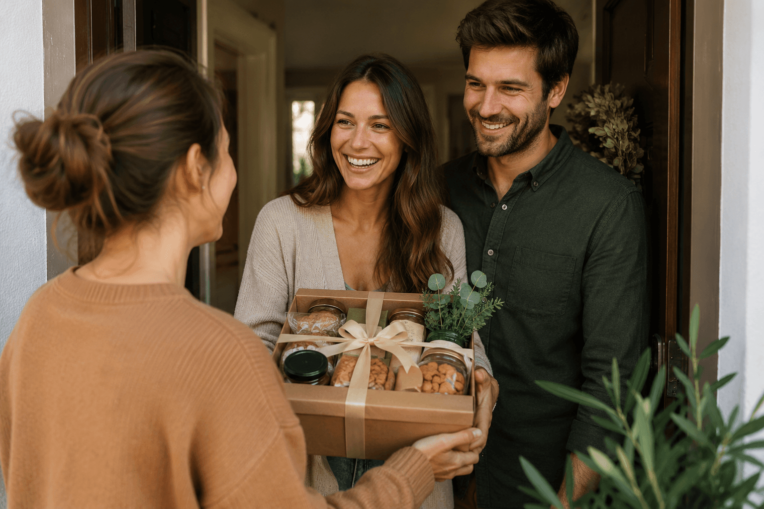 A gourmet gift box handed over at a front door